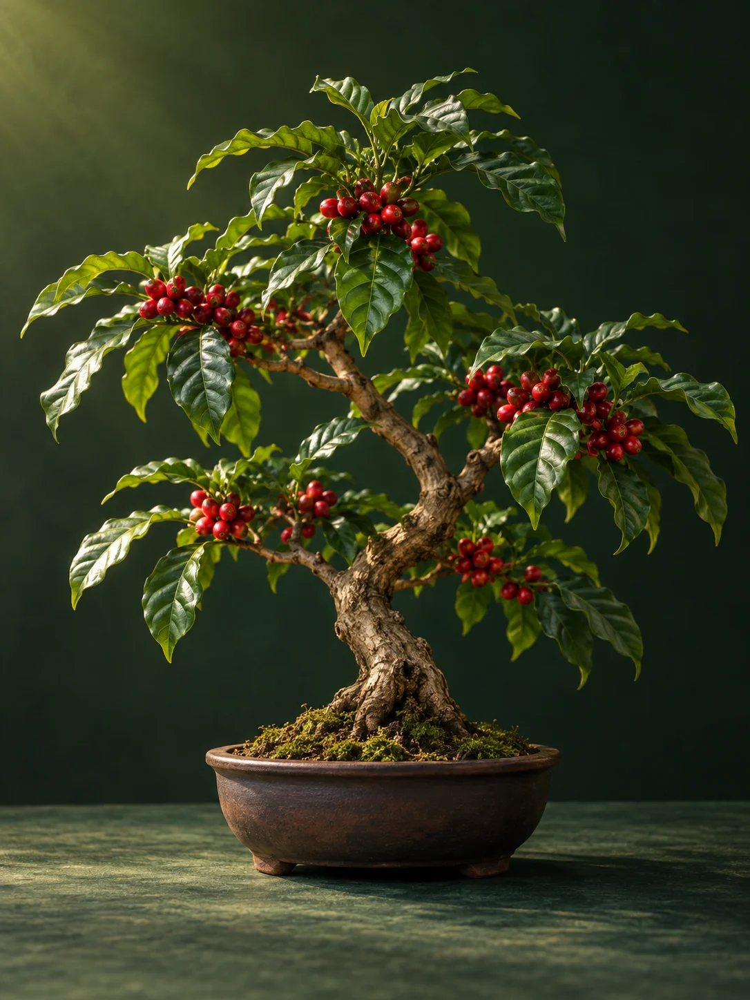 Representação ilustrativa de um cafeeiro ornamental em vaso, com folhas verdes e frutos vermelhos
